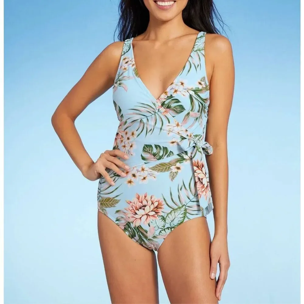 Kona Sol Blue Floral Stretch Wrap Tie Waist One Piece Swimsuit Size Medium